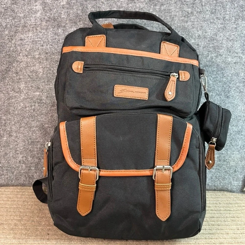 NWOT Maelstrom Black Canvas Laptop Backpack Brown Leather Trim Travel School Bag